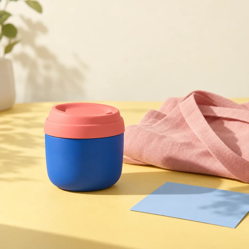 Blue cup, pink tote and blank card on a yellow tabletop