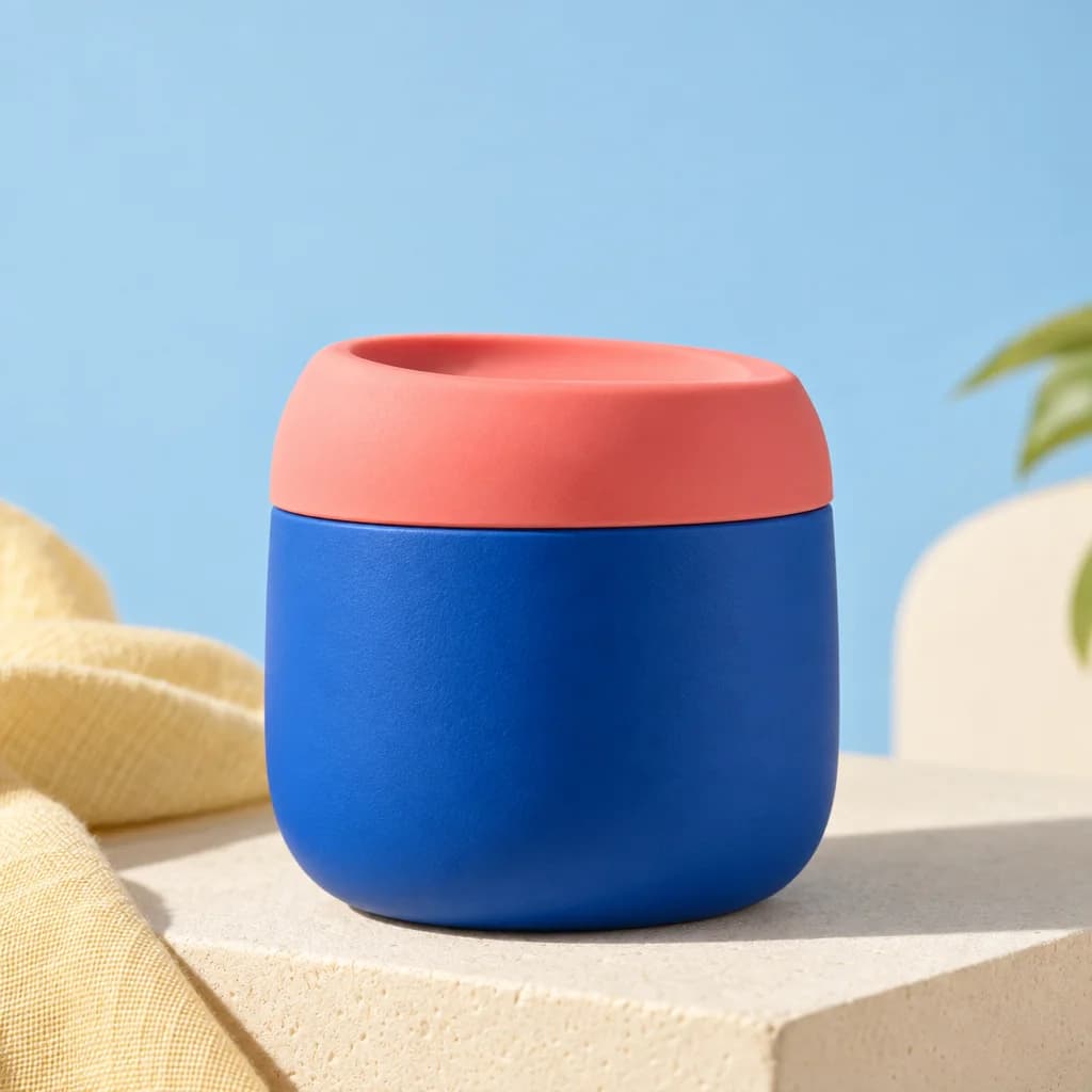 Close view of the blue cup and its coral lid