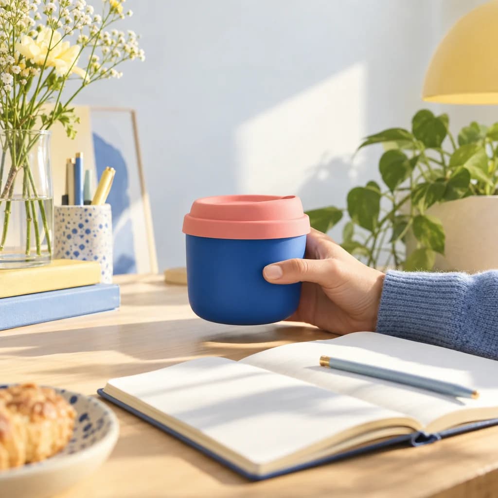 Unbranded blue cup with coral lid on a sunny desk
