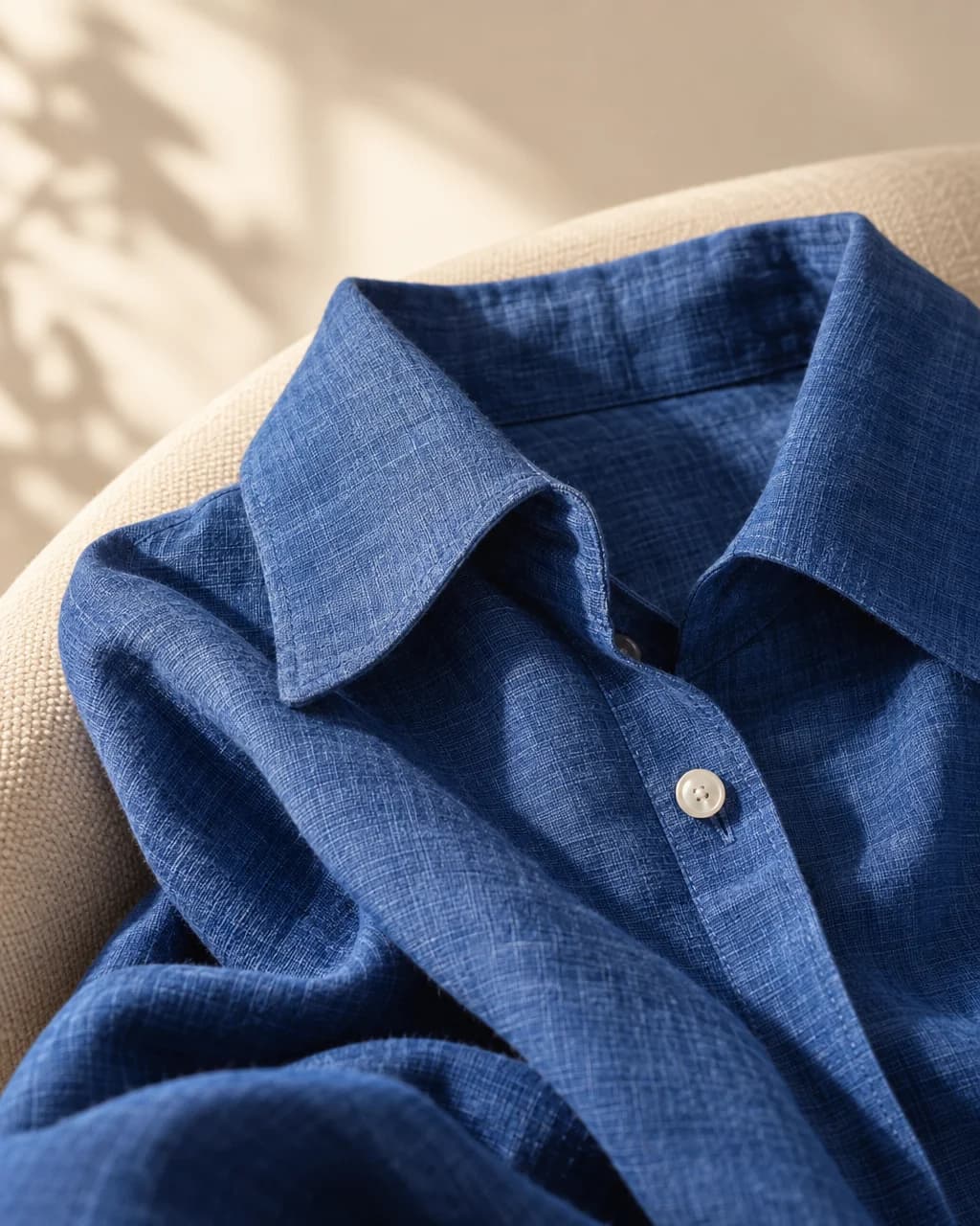 Close editorial view of fictional blue fabric and shirt button
