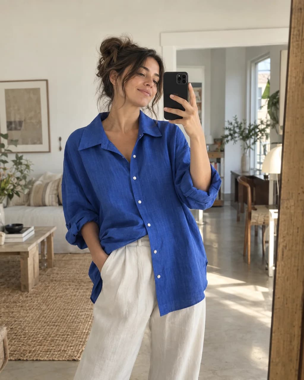 Creator-style mirror image of a person in a fictional blue shirt