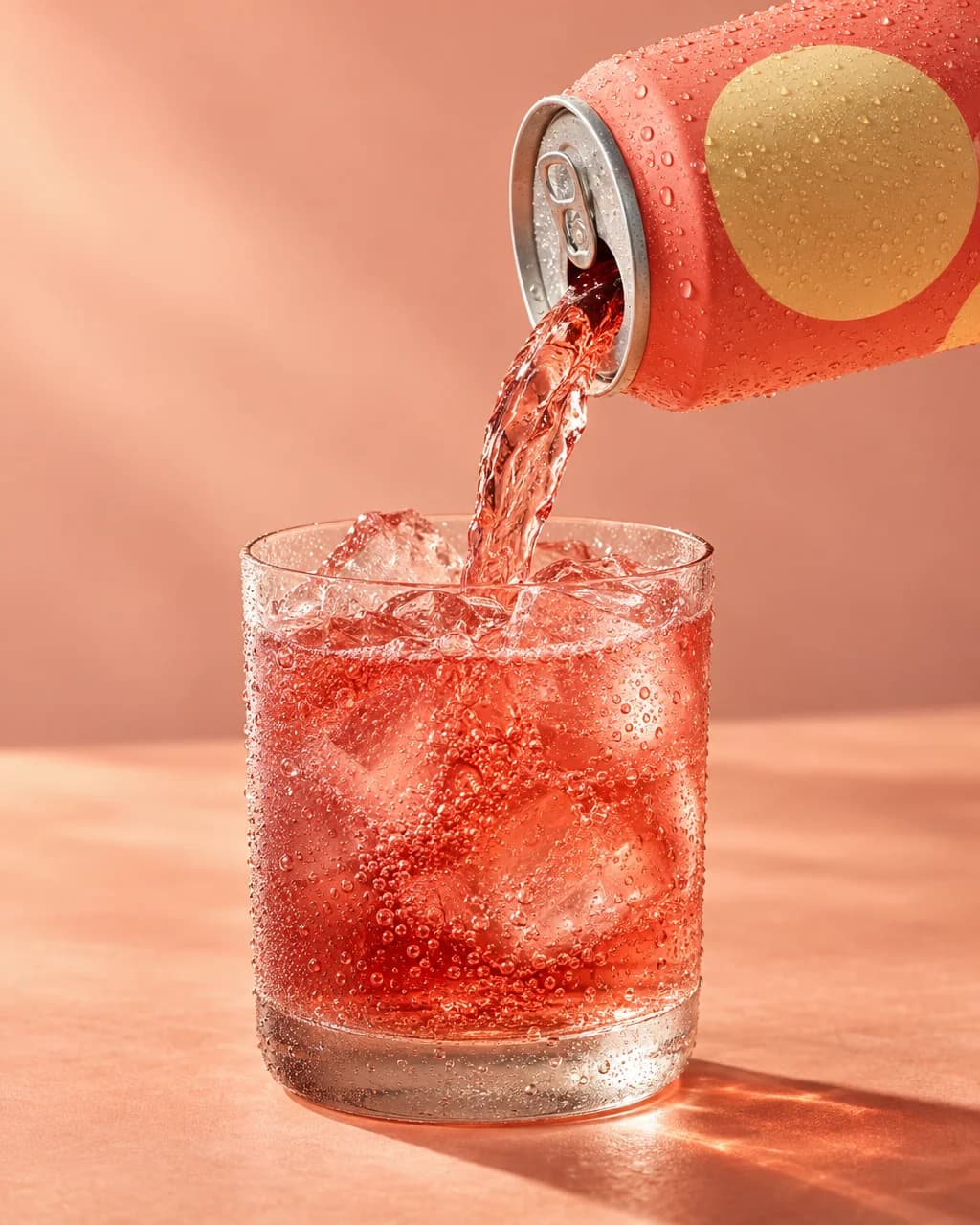Editorial close view of a fictional sparkling beverage over ice