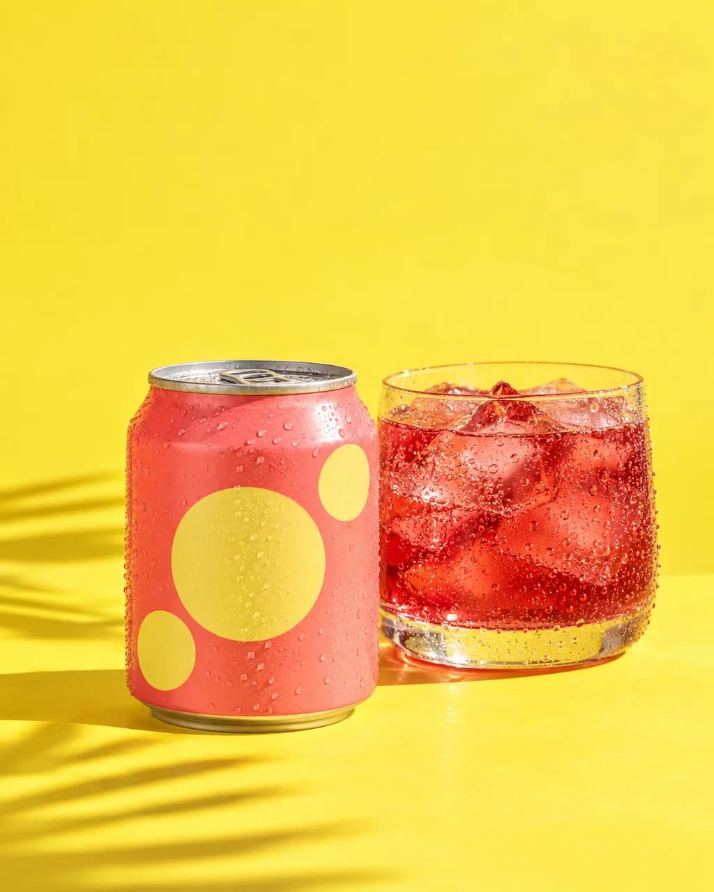 Fictional coral can and sparkling ruby drink in a studio