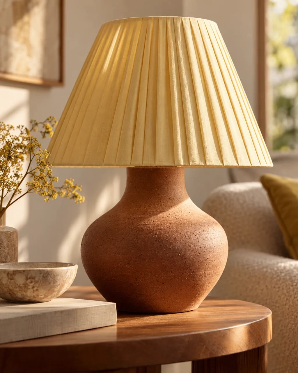 Close view of fictional terracotta lamp and pleated shade