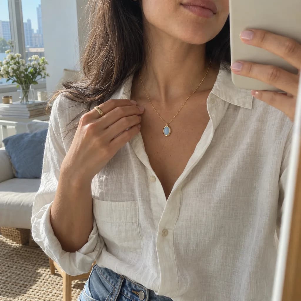Creator-style mirror image of a person wearing a fictional gold pendant