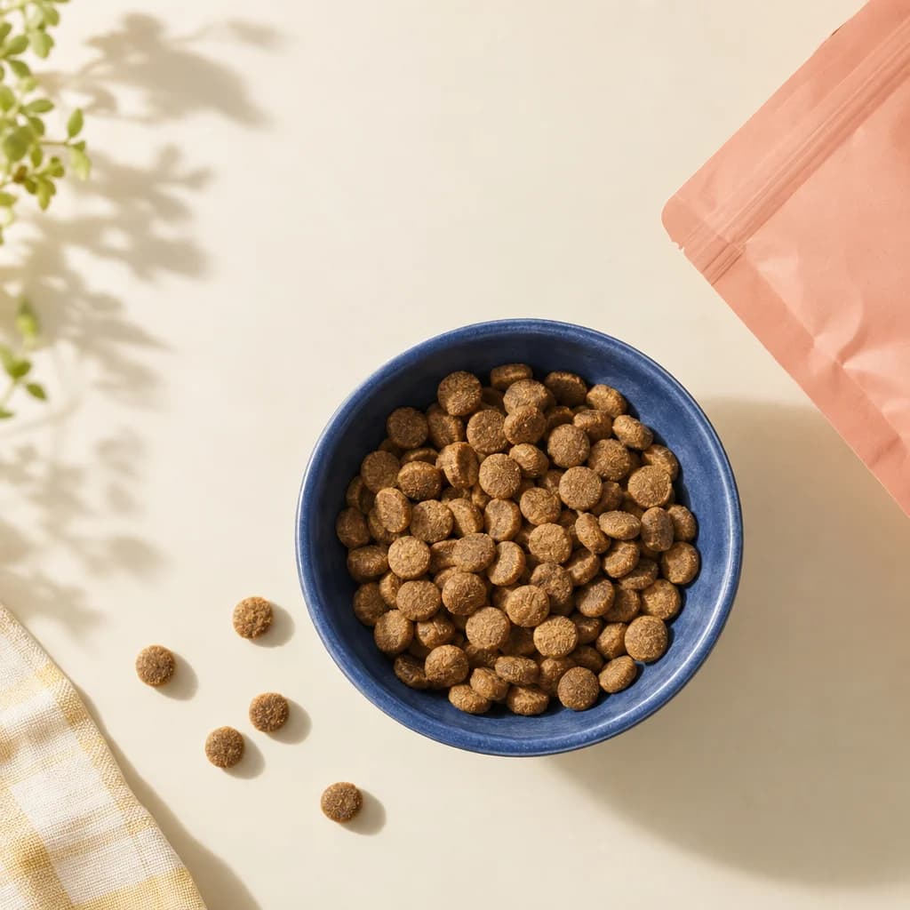 Close editorial view of a fictional pet food bowl