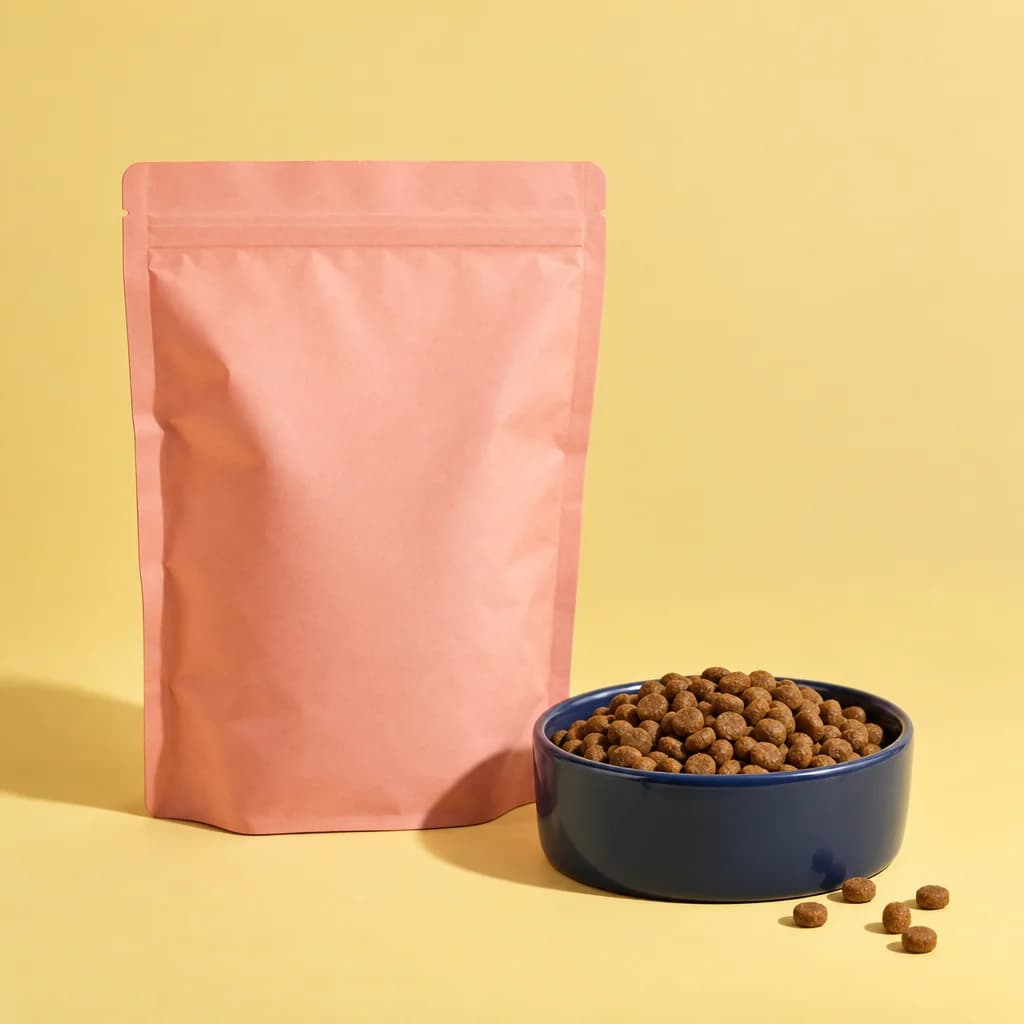 Fictional pet food pouch with bowl in a studio scene