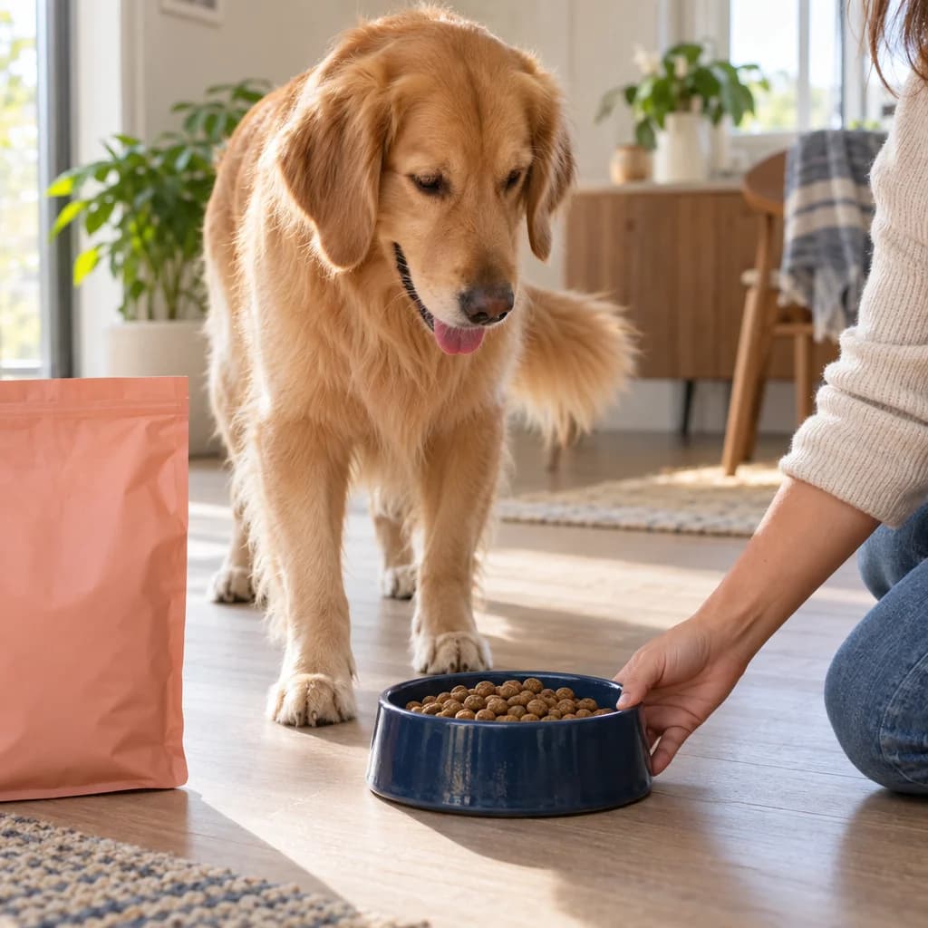 Creator-style home scene of a dog beside a food bowl