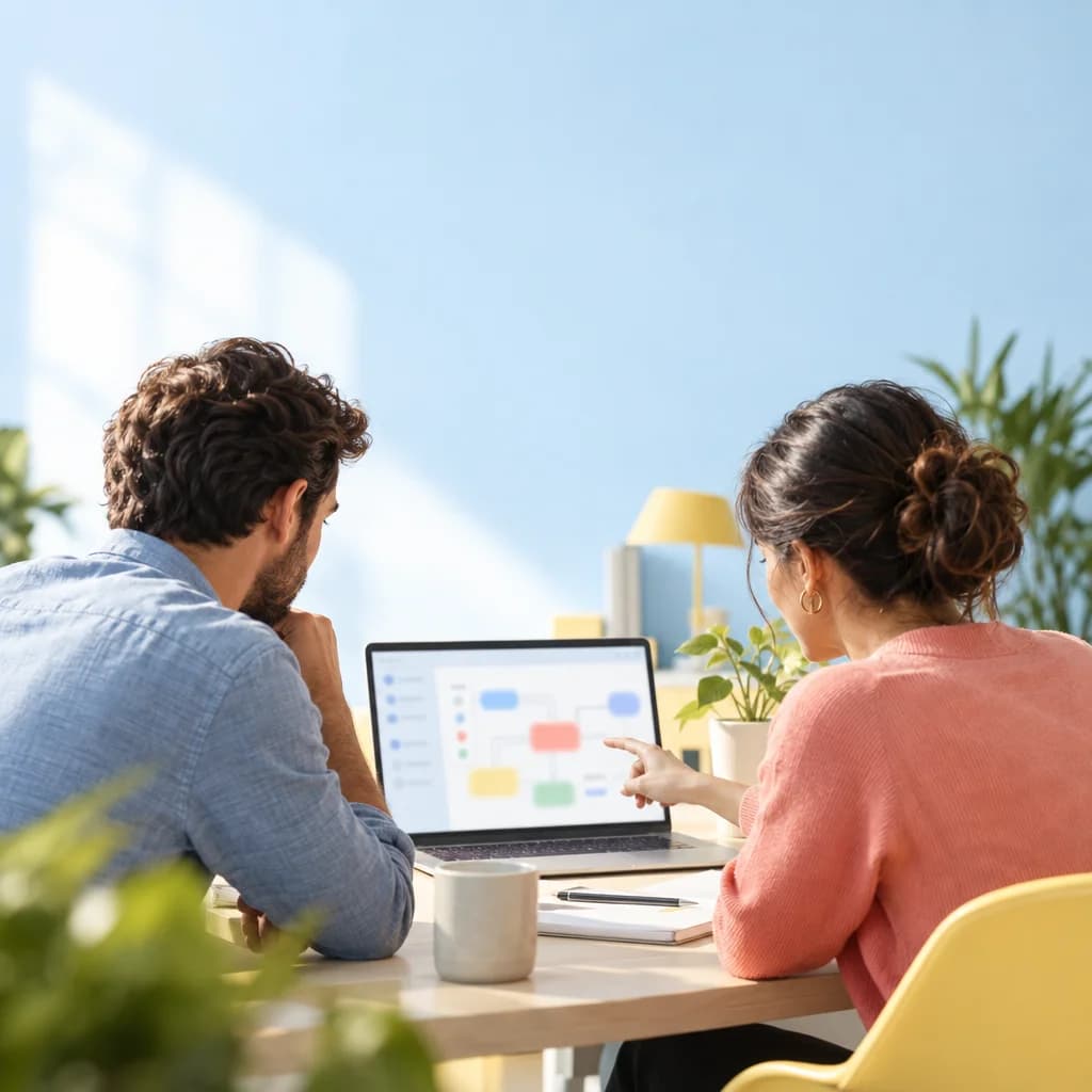 Colleagues reviewing an abstract product screen together