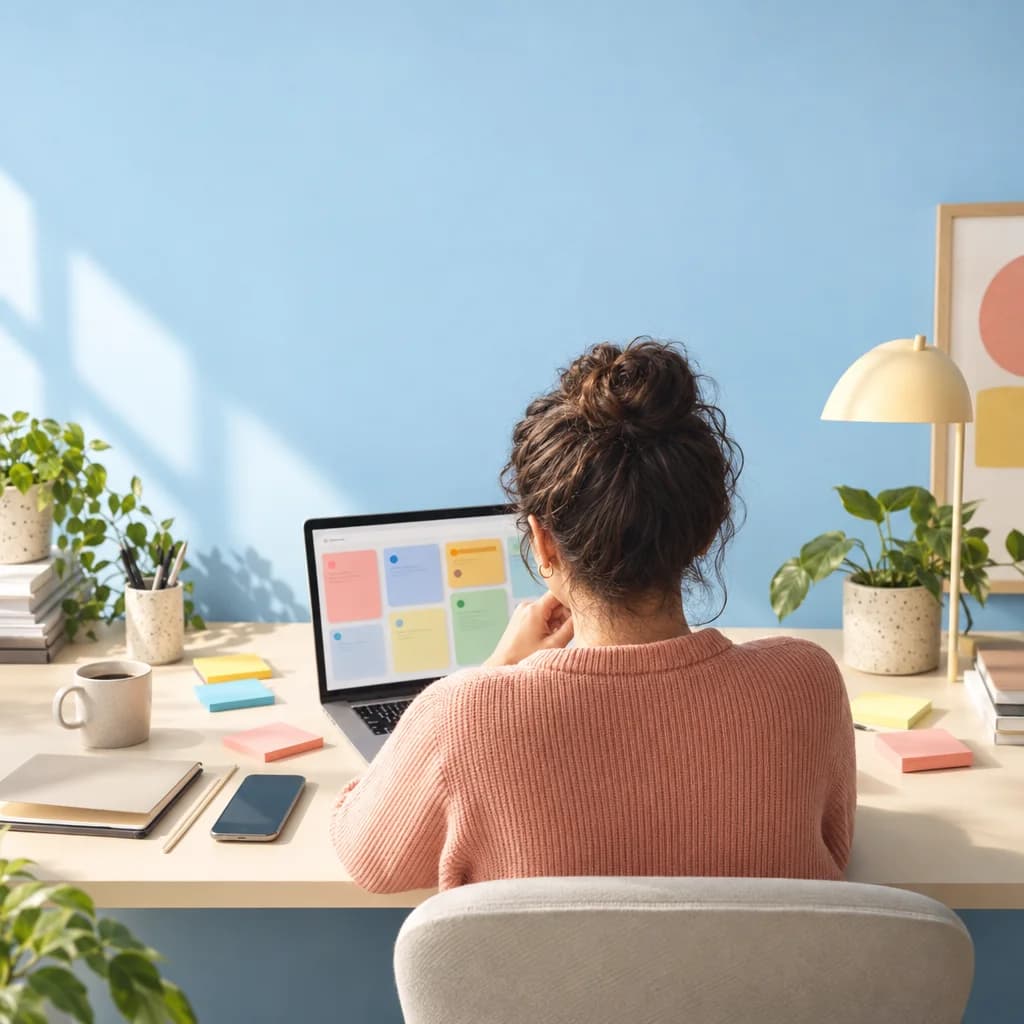 Editorial desk scene with abstract task cards on a laptop