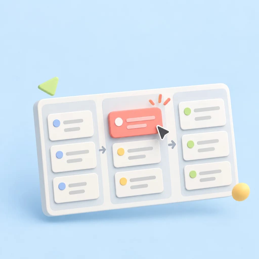 Conceptual software workflow shown as colorful unlabelled cards