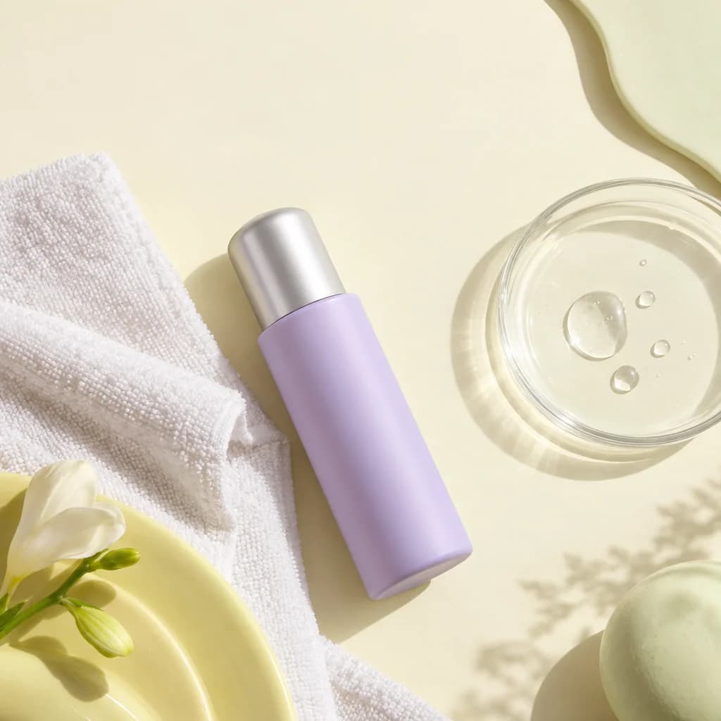 Fictional lavender serum bottle with towel and water textures