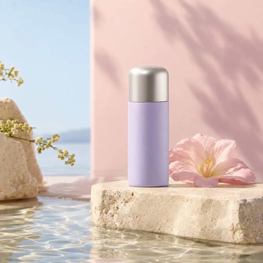 Fictional lavender serum bottle on a studio plinth