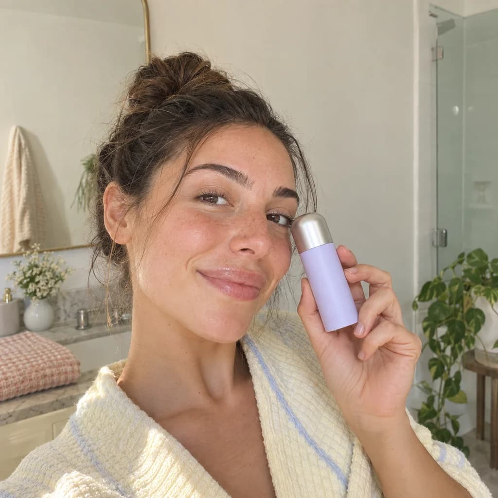 Creator-style bathroom image with a fictional lavender serum bottle