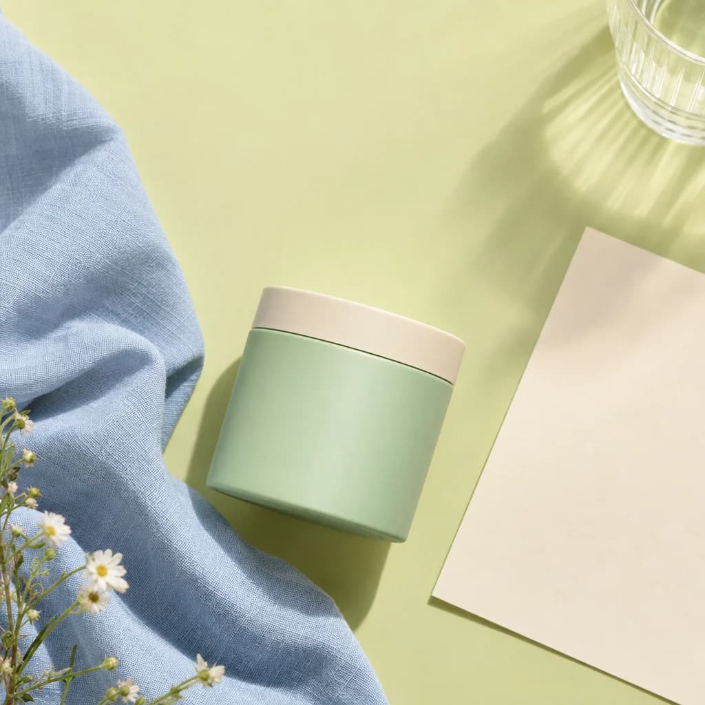 Fictional mint supplement tub in an editorial still life