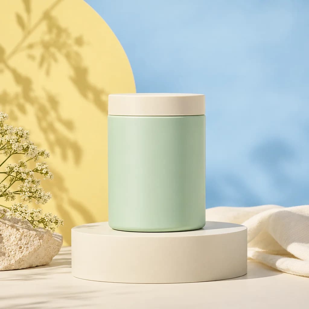 Fictional mint supplement tub in a clean studio scene