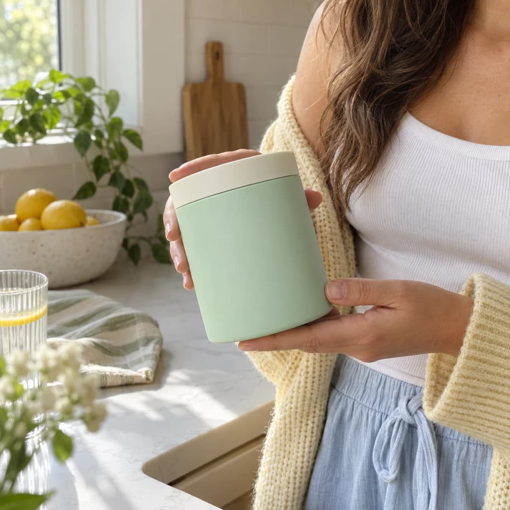 Creator-style kitchen image with a fictional supplement tub