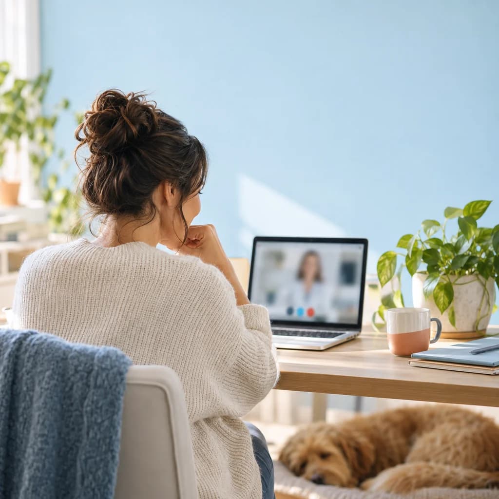 Editorial image of an adult at home using a laptop