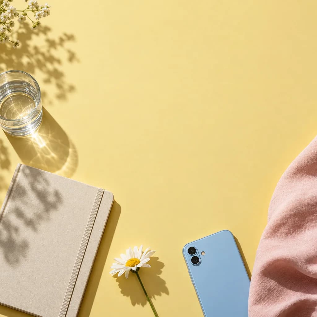 Warm editorial still life with a notebook, phone and glass of water