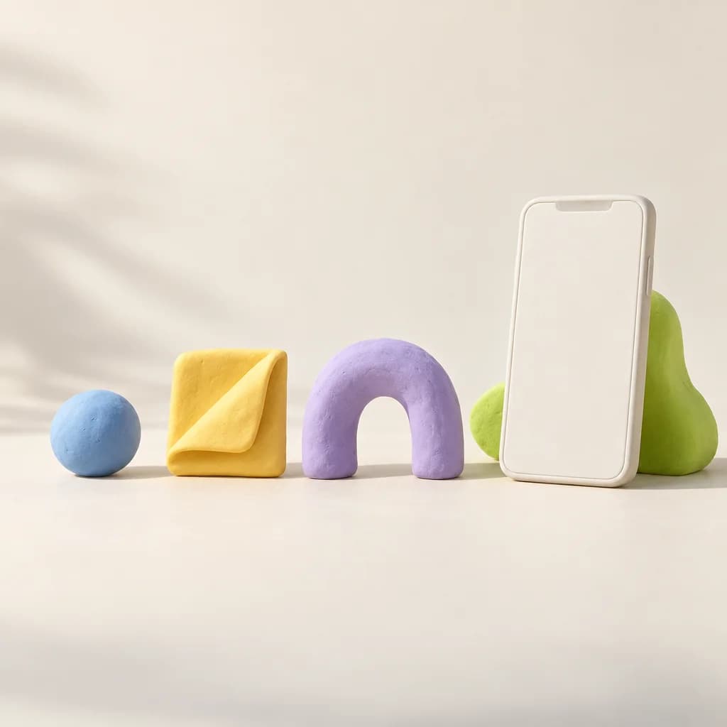 Playful clay objects arranged as a simple sequence