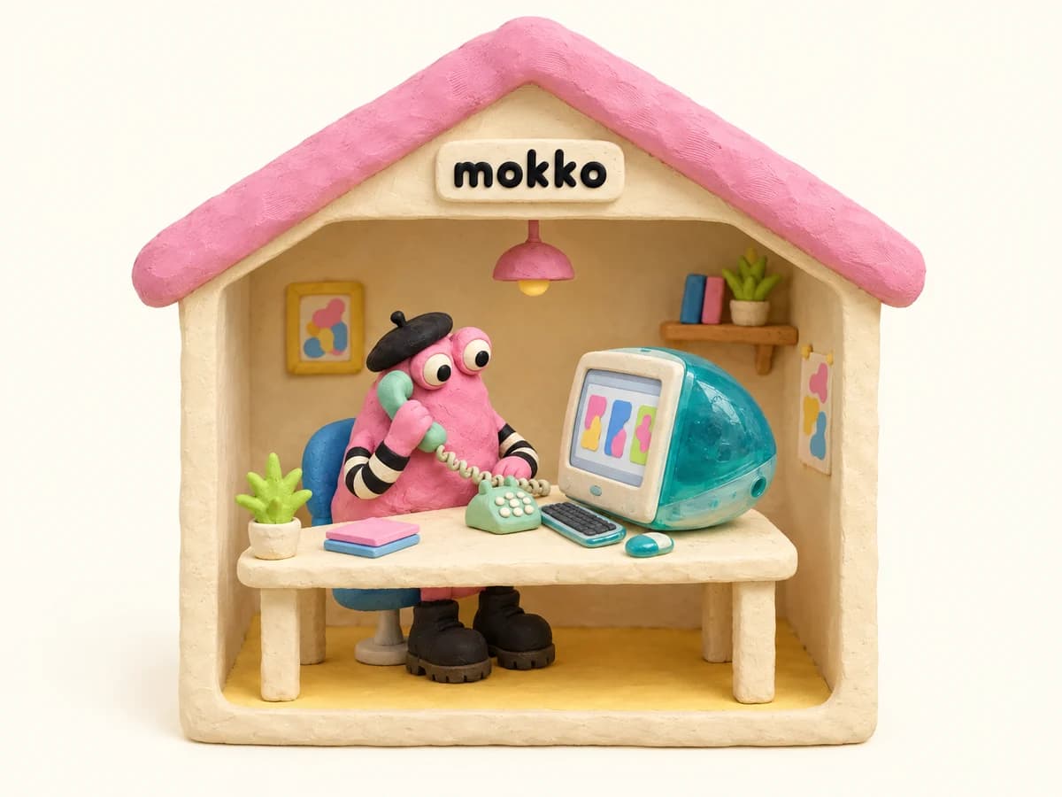 The pink Mokko clay character answers a corded telephone inside a little Mokko house, with a vintage turquoise iMac on the desk.